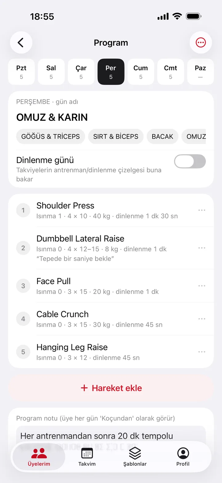 Program düzenleme: gün adı ve hareketler